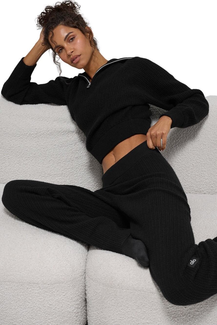ALO Cashmere Plus Waffle Knit 1/4 Zip Cropped Pullover Sweater Women’s Size M